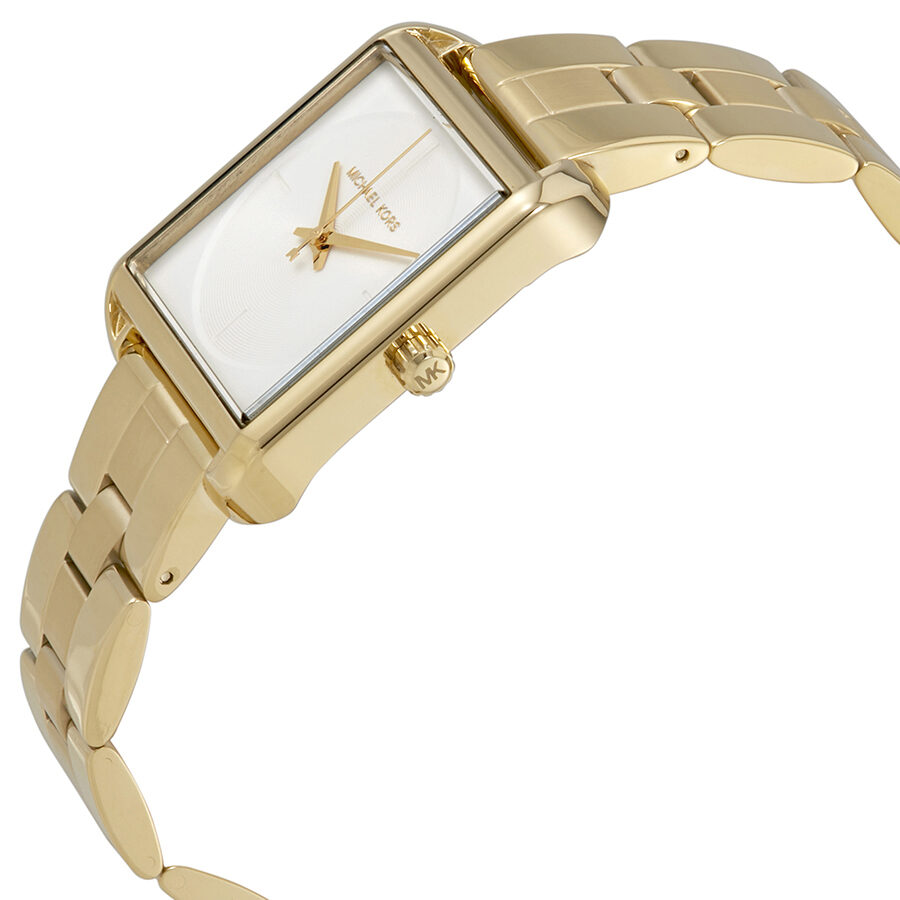 Michael Kors Lake watch at angle showing white dial and gold-tone link bracelet