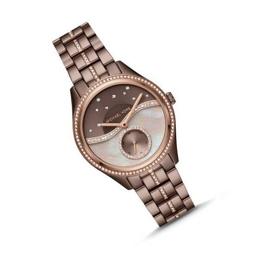 Michael Kors Lauryn MK3757 three-quarter view showing dial design and steel bracelet