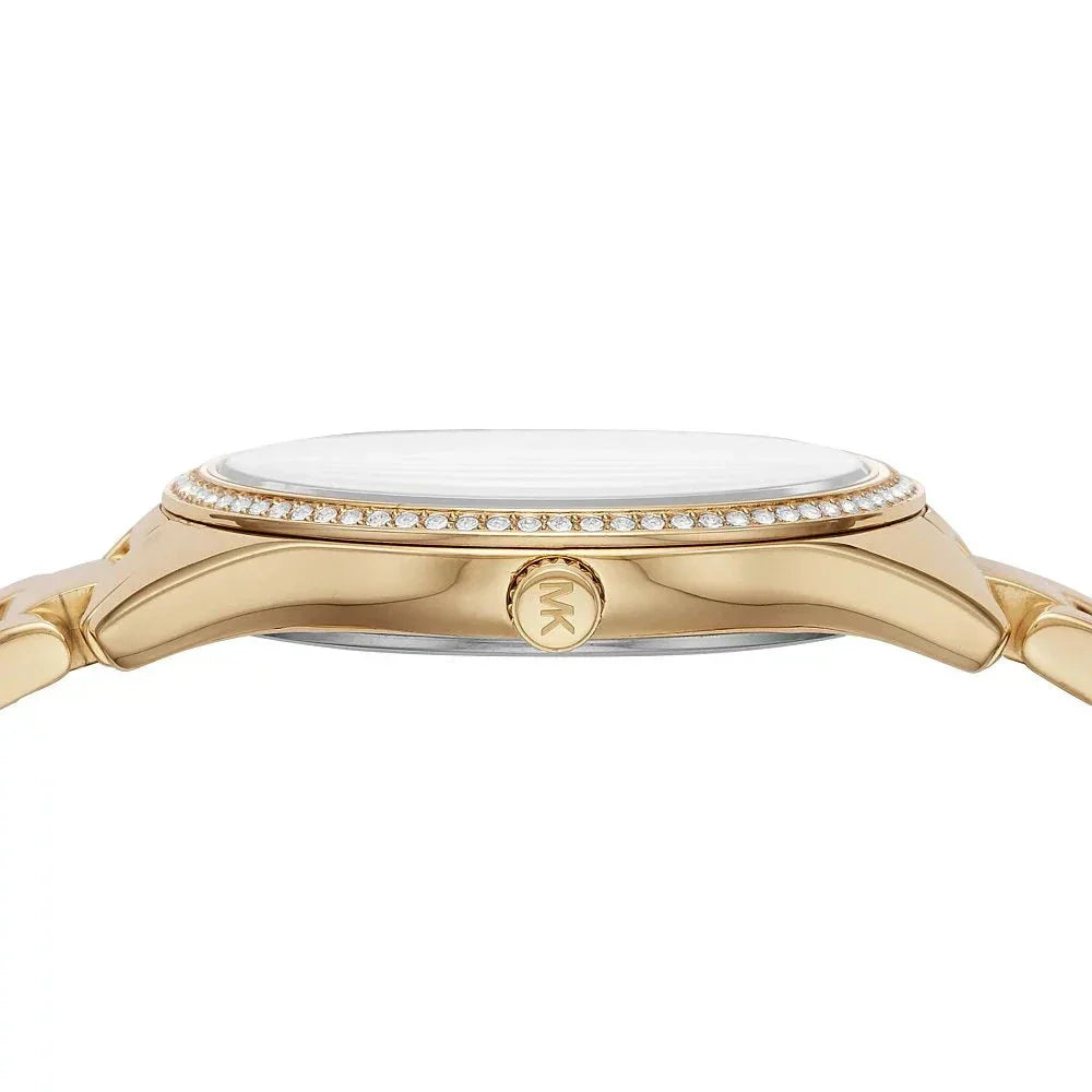 Michael Kors Lauryn watch side profile showing crystal bezel and white dial