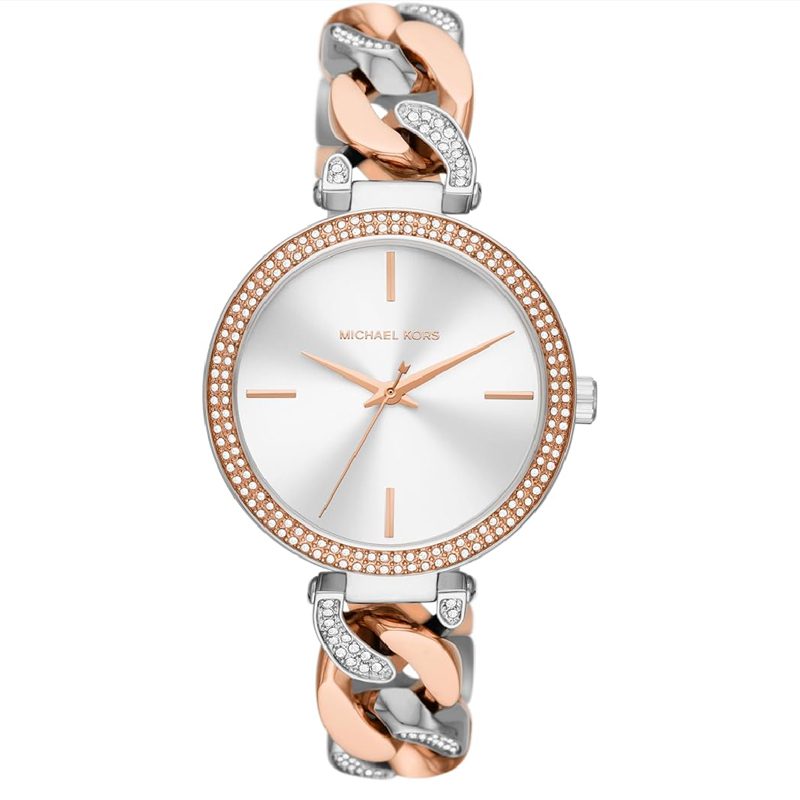 Michael Kors Layton tri-tone watch with silver dial, crystal bezel, and rose gold and silver chain strap