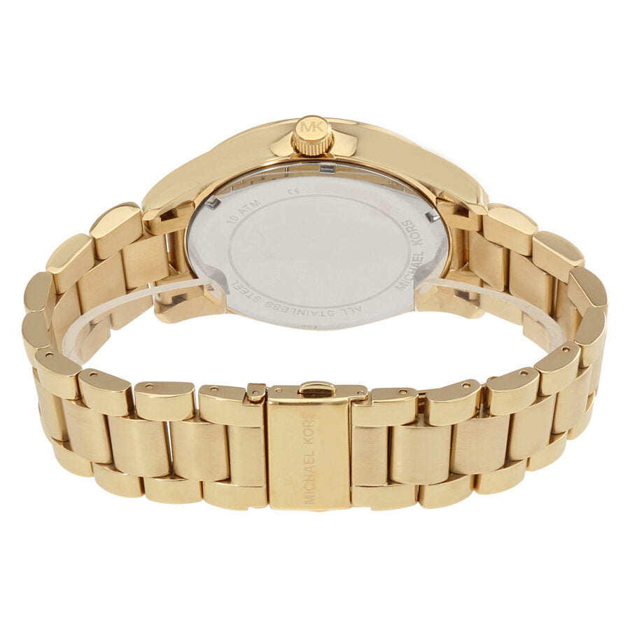 Michael Kors Layton MK6243 watch caseback showing gold-tone stainless steel case and bracelet