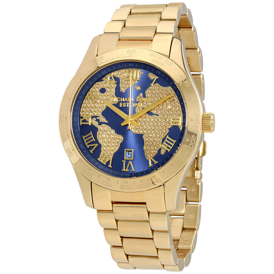 Michael Kors Layton MK6243 women's watch with blue dial, gold-tone crystal pave world map, and gold bracelet