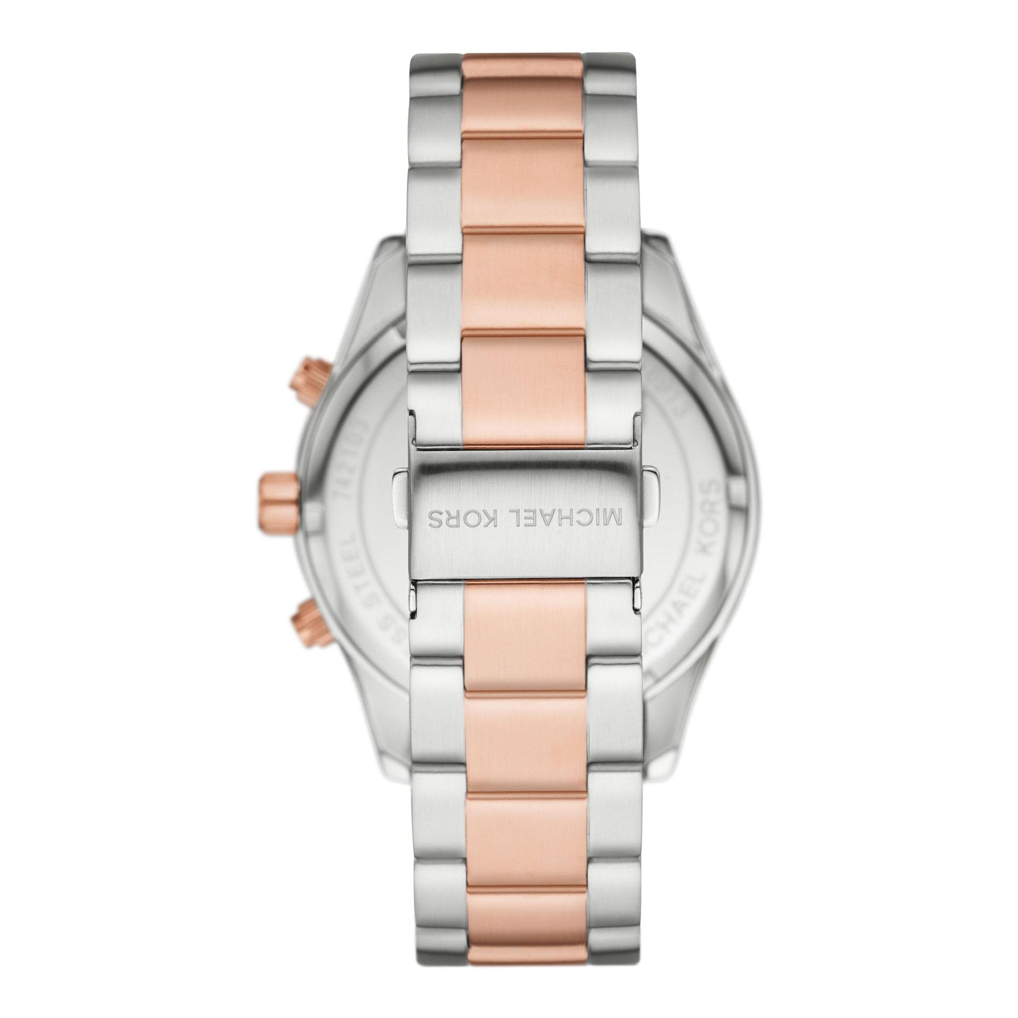 Caseback view of Michael Kors Layton watch displaying two-tone bracelet and engraved case