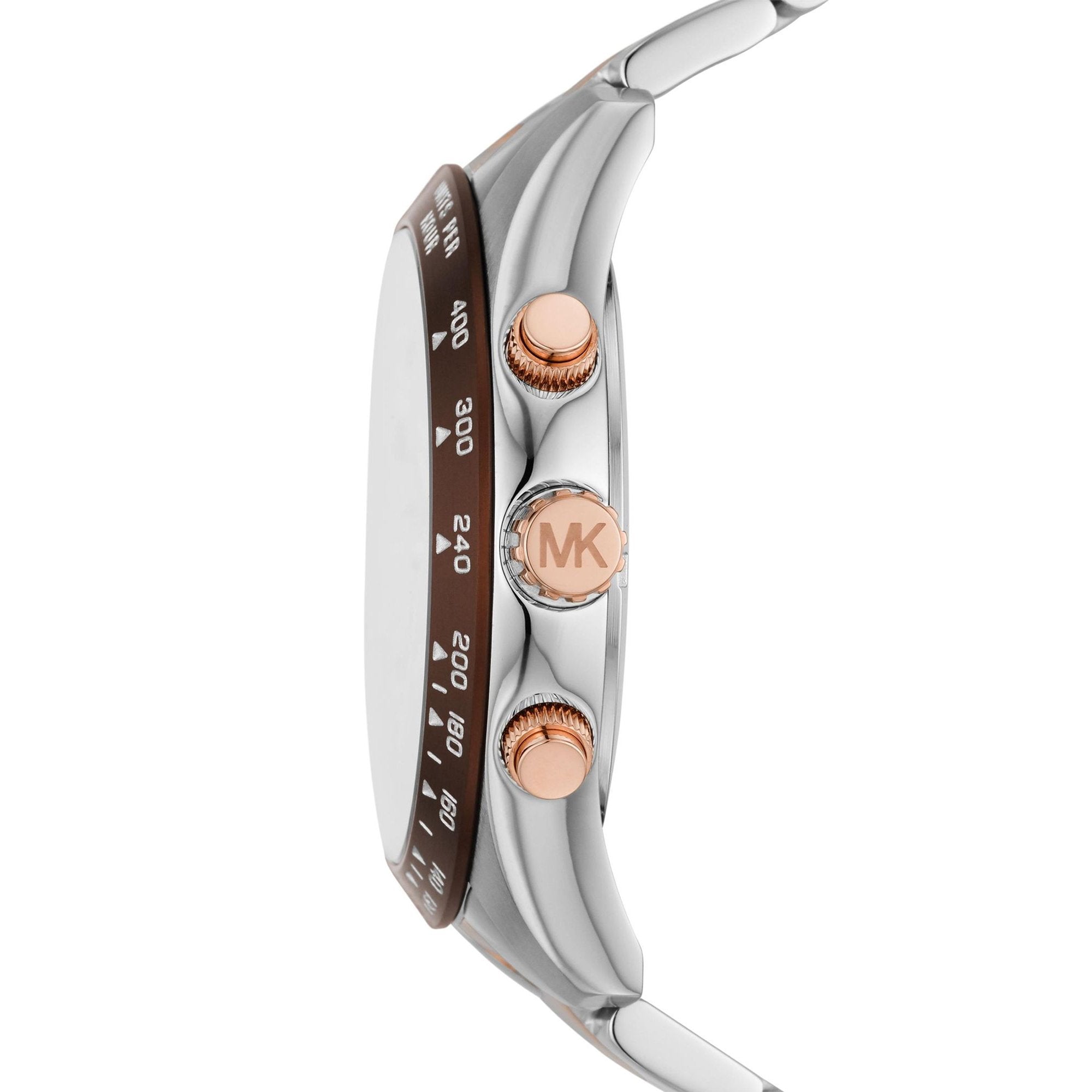 Side view of Michael Kors Layton watch showing brown bezel, rose gold pusher, and two-tone bracelet