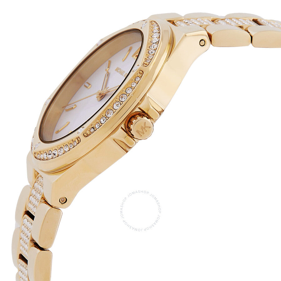 Side view of Michael Kors Lennox watch showing crystal bezel and gold-tone case