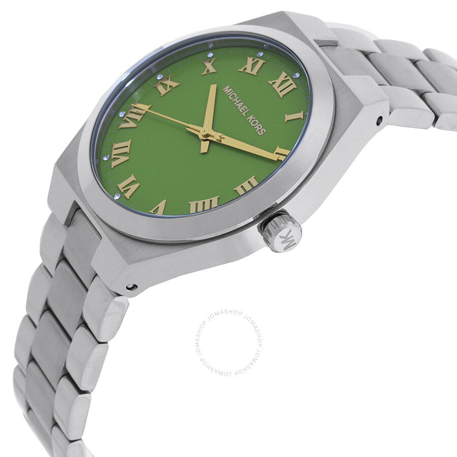 Michael Kors Lennox watch angled view showing green dial and stainless steel bracelet