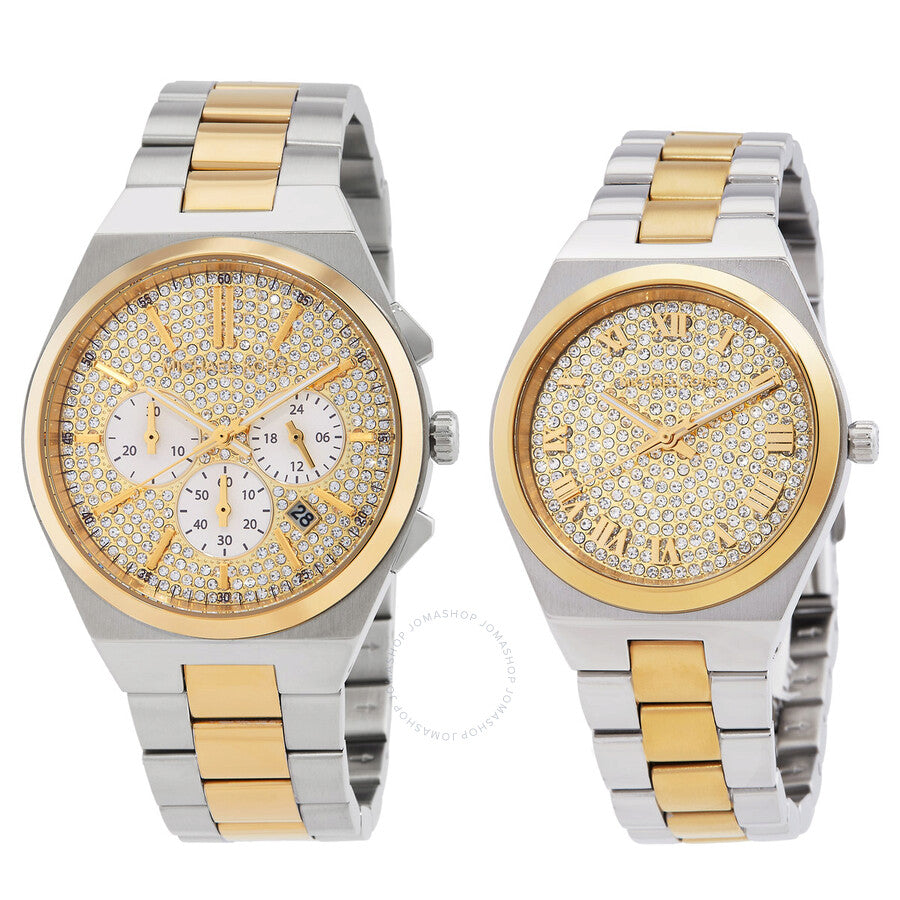 Michael Kors Lennox two-watch set with two-tone stainless steel bracelets and pave crystal dials