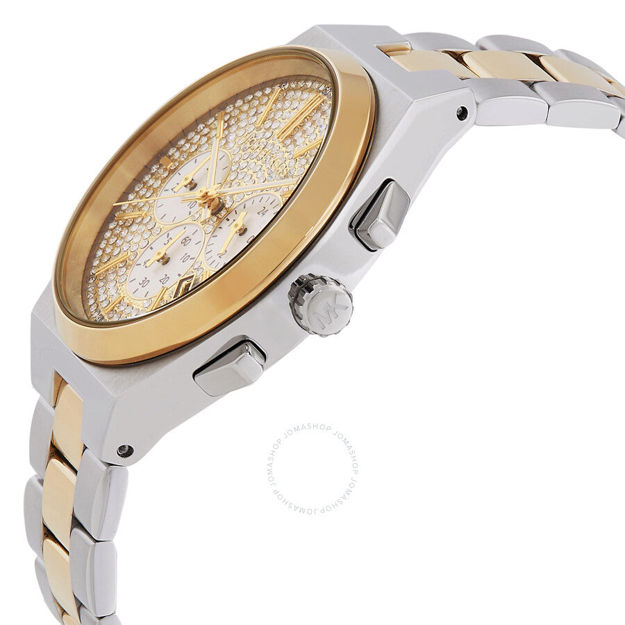 Michael Kors Lennox chronograph watch side view showing gold bezel, two-tone bracelet, and chronograph pushers