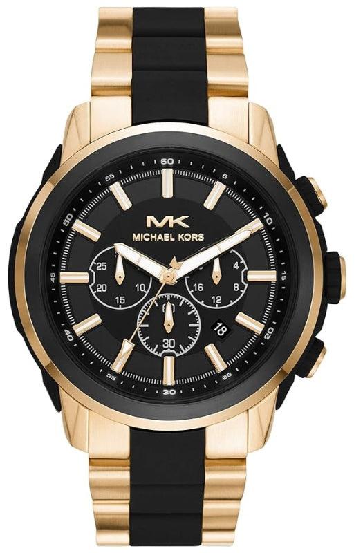 Michael Kors Lennox chronograph watch with black dial and two-tone gold and black bracelet