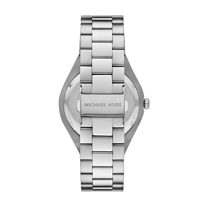 Michael Kors Lennox caseback showing silver-tone stainless steel band and MK branding