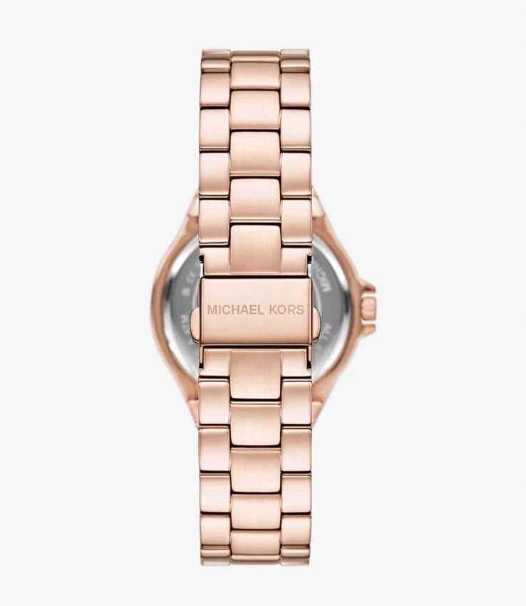 Michael Kors Lennox watch caseback showing rose gold stainless steel and brand engraving