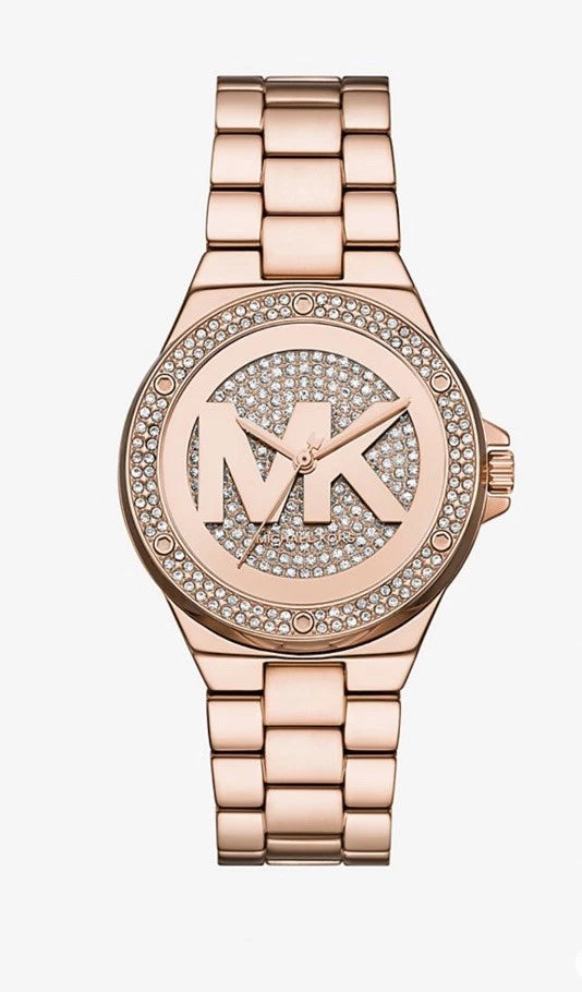 Michael Kors Lennox rose gold women's watch with crystal bezel and matching bracelet