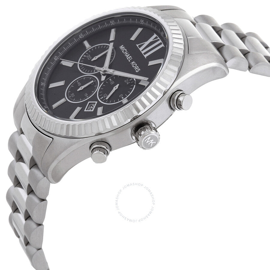 Michael Kors Lexington chronograph watch angled view showing case and bracelet