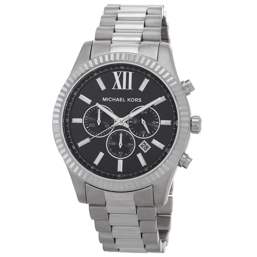 Michael Kors Lexington chronograph watch with black dial and stainless steel bracelet