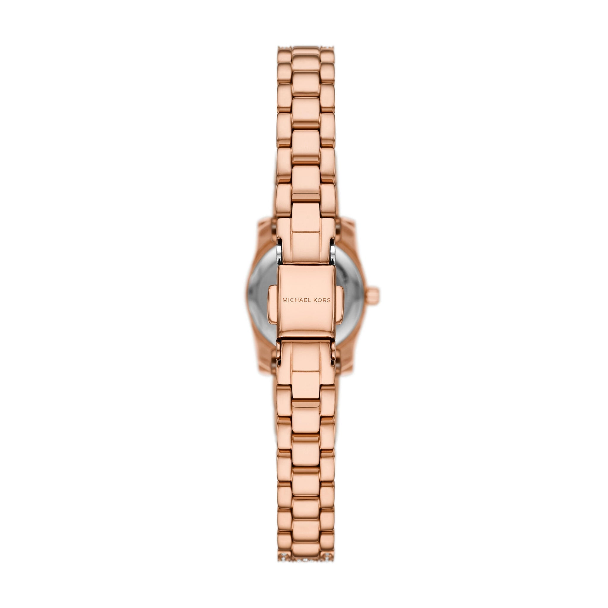 Michael Kors Mini Lexington rose gold-tone watch caseback view with crystal bracelet