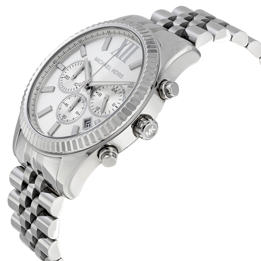 Michael Kors Lexington watch angle view showing case side and stainless steel bracelet
