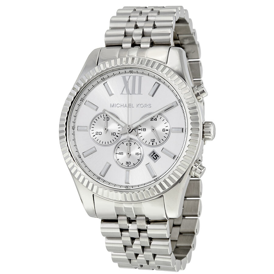 Michael Kors Lexington chronograph men's watch with silver dial and stainless steel bracelet