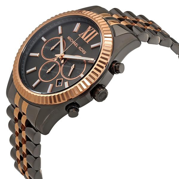 Angled view of Michael Kors Lexington MK8561 showing grey dial and rose gold bezel