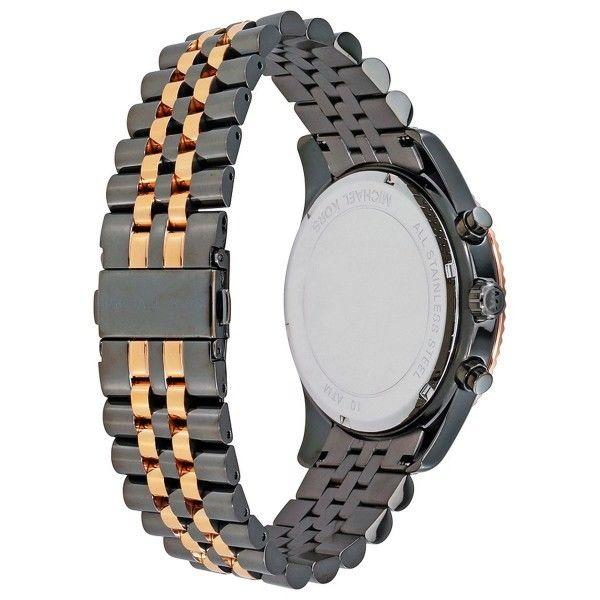 Close-up of Michael Kors Lexington two-tone stainless steel and rose gold bracelet