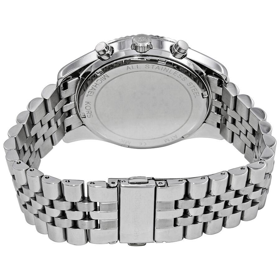 Back view of Michael Kors Lexington watch showing stainless steel case back and bracelet