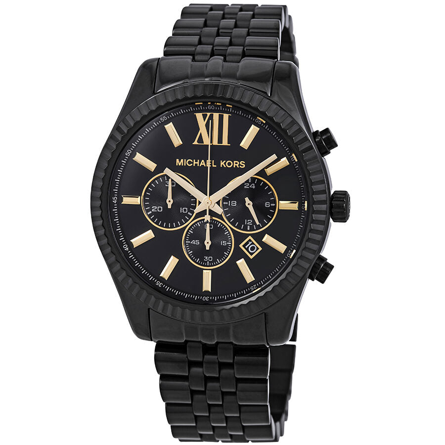 Michael Kors Lexington black chronograph watch with gold hour markers and three subdials