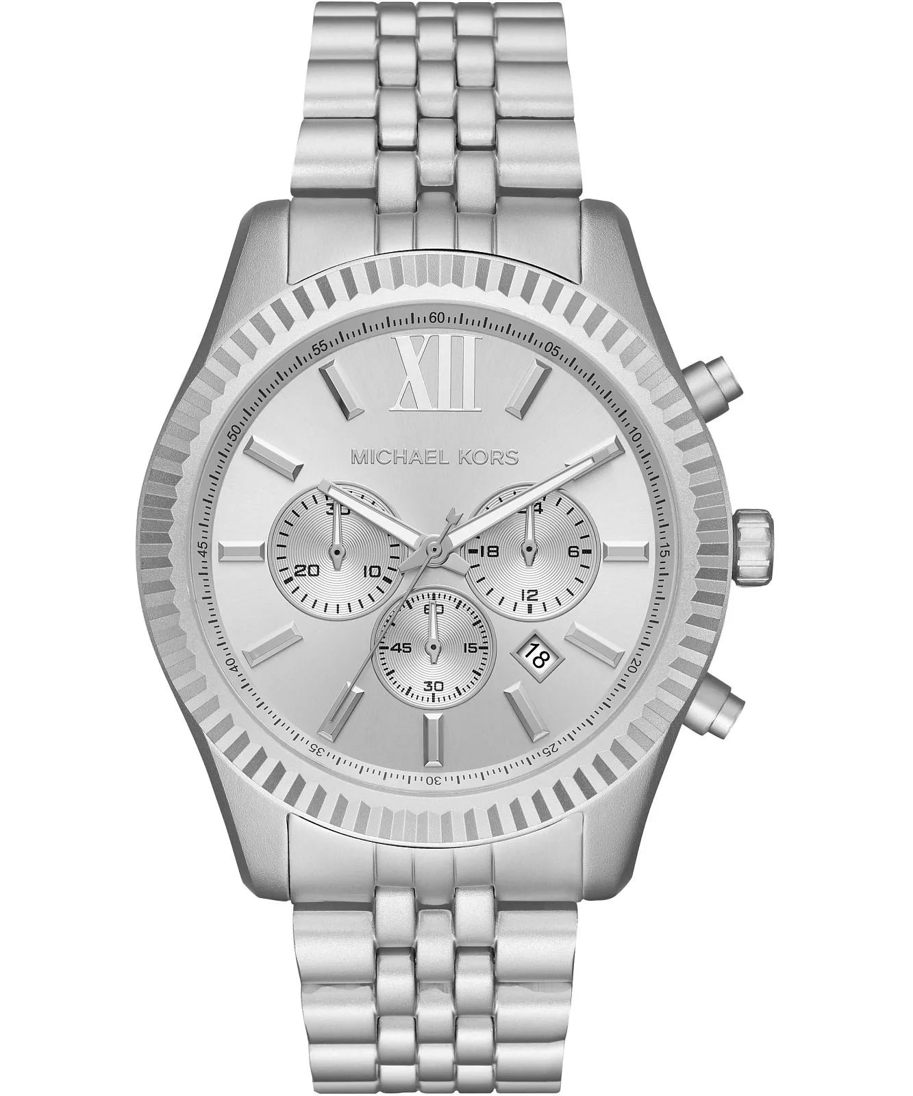 Michael Kors Lexington MK8789 silver chronograph men's watch with textured bezel and bracelet