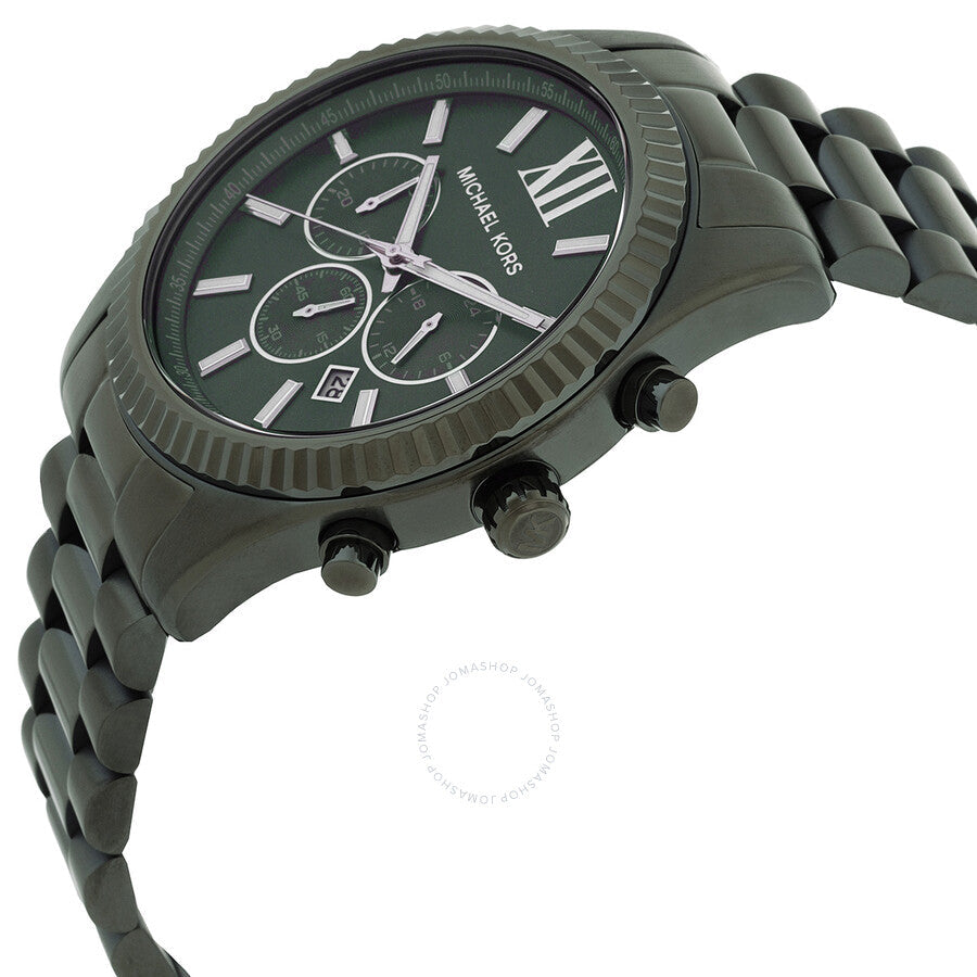 Side angle view of green chronograph watch showing case profile and chronograph subdials