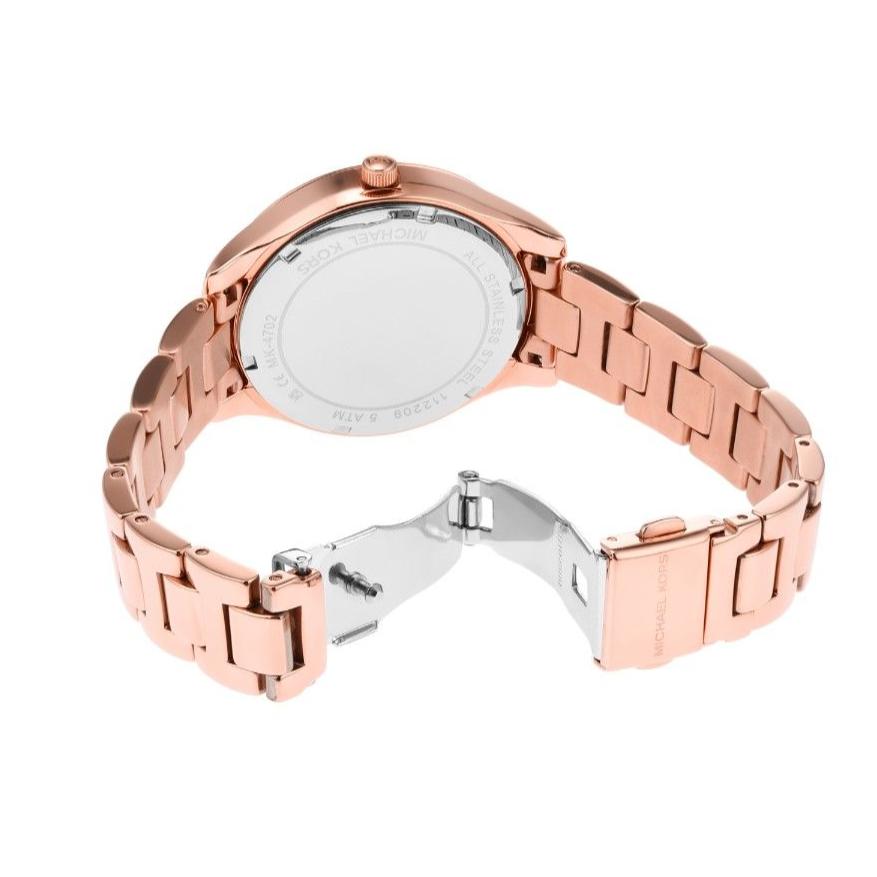 Michael Kors Lilane rose gold watch caseback and strap details