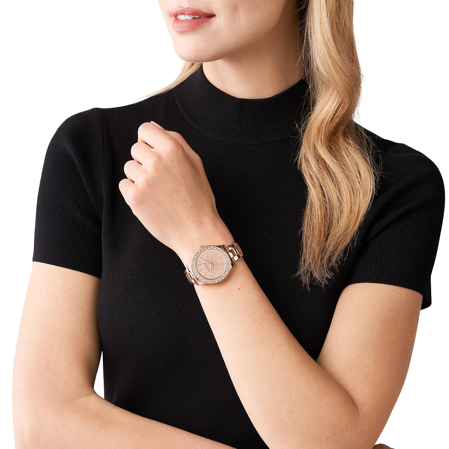 Michael Kors Liliane rose gold watch worn on wrist with crystal-embellished bezel