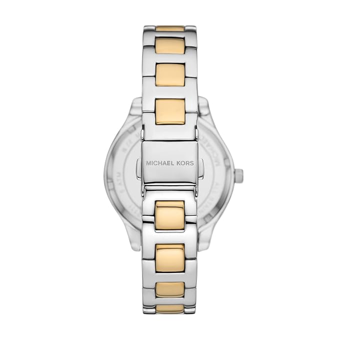 Michael Kors Liliane watch caseback showing two-tone gold and silver metal bracelet