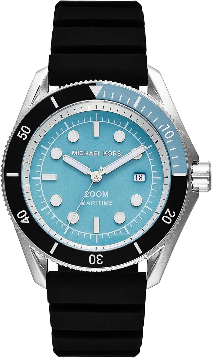 Michael Kors Maritime watch with turquoise blue dial, black bezel, and black silicone strap