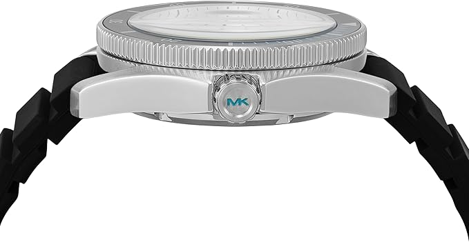 Side view of Michael Kors Maritime watch showing stainless steel case and MK logo on band
