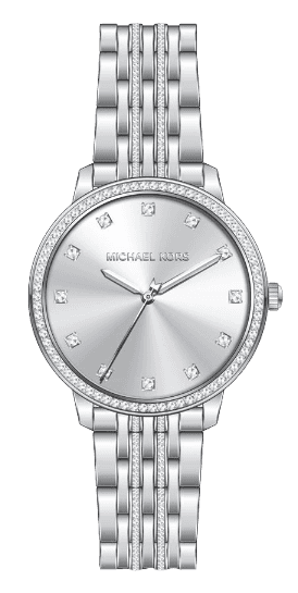 Michael Kors Melissa MK4367 silver-tone watch with rhinestone bezel and dial markers