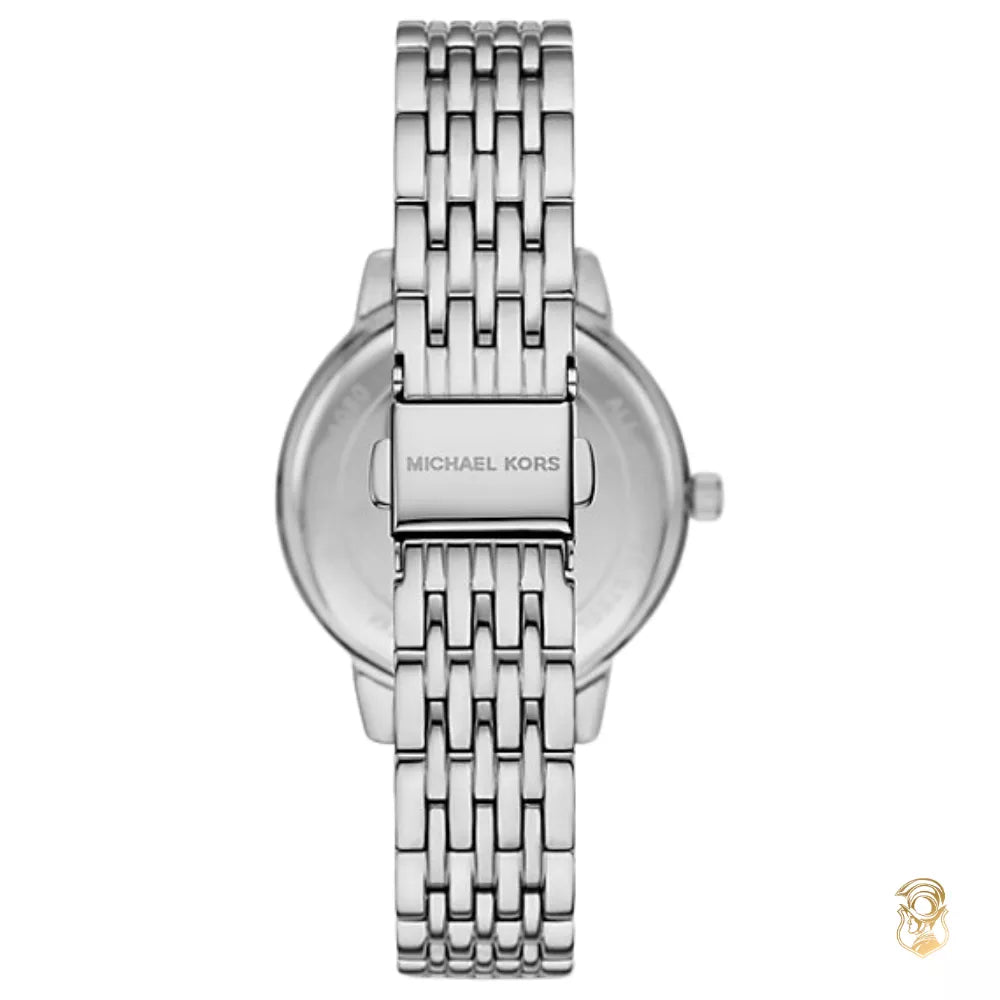 Case back of Michael Kors Melissa silver-tone watch with metal clasp and link bracelet