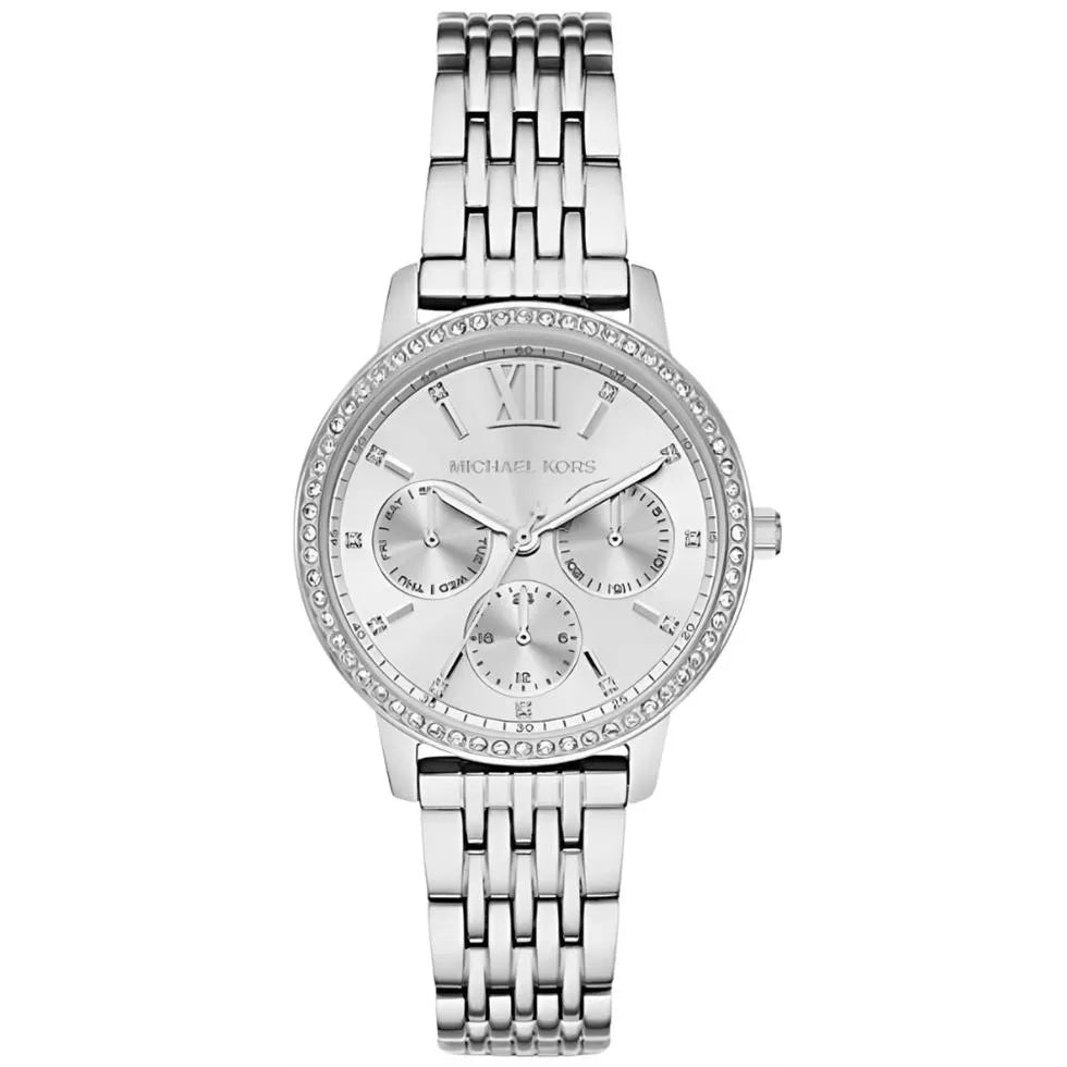 Michael Kors Melissa silver-tone watch with pavé crystal bezel and white multi-dial face