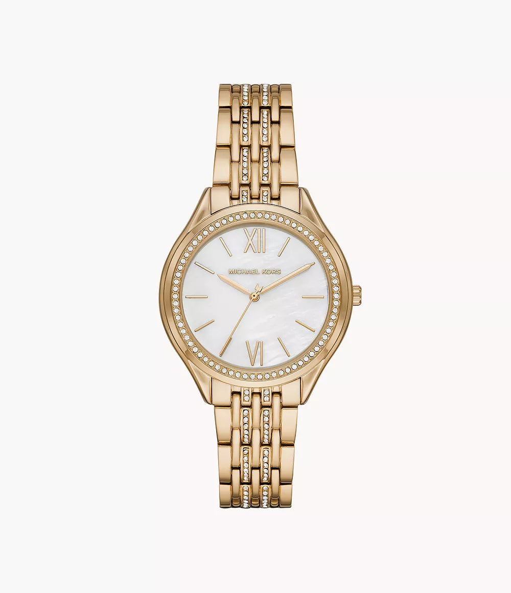 Michael Kors Mindy gold-tone women's watch with crystal bezel and white dial