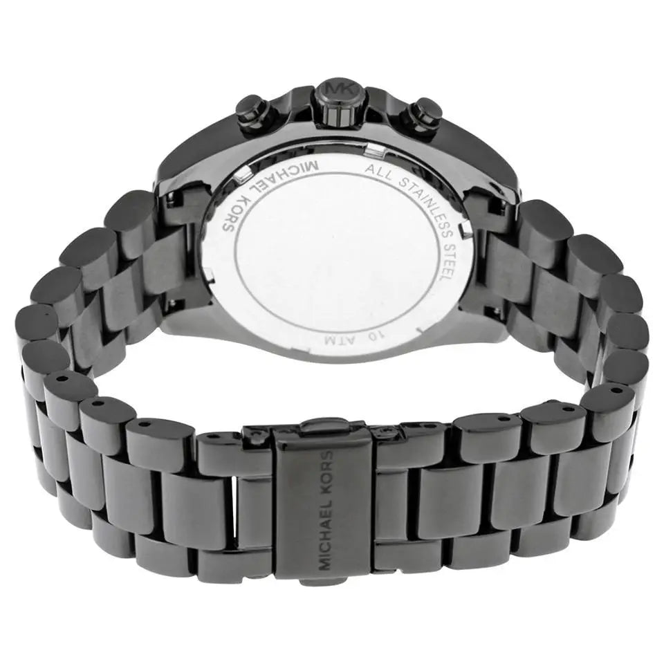 Angled view of Michael Kors Mini Bradshaw black chronograph watch with metal bracelet