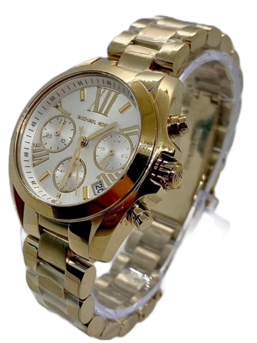Michael Kors Mini Bradshaw gold-tone chronograph watch shown at angle with gold link bracelet