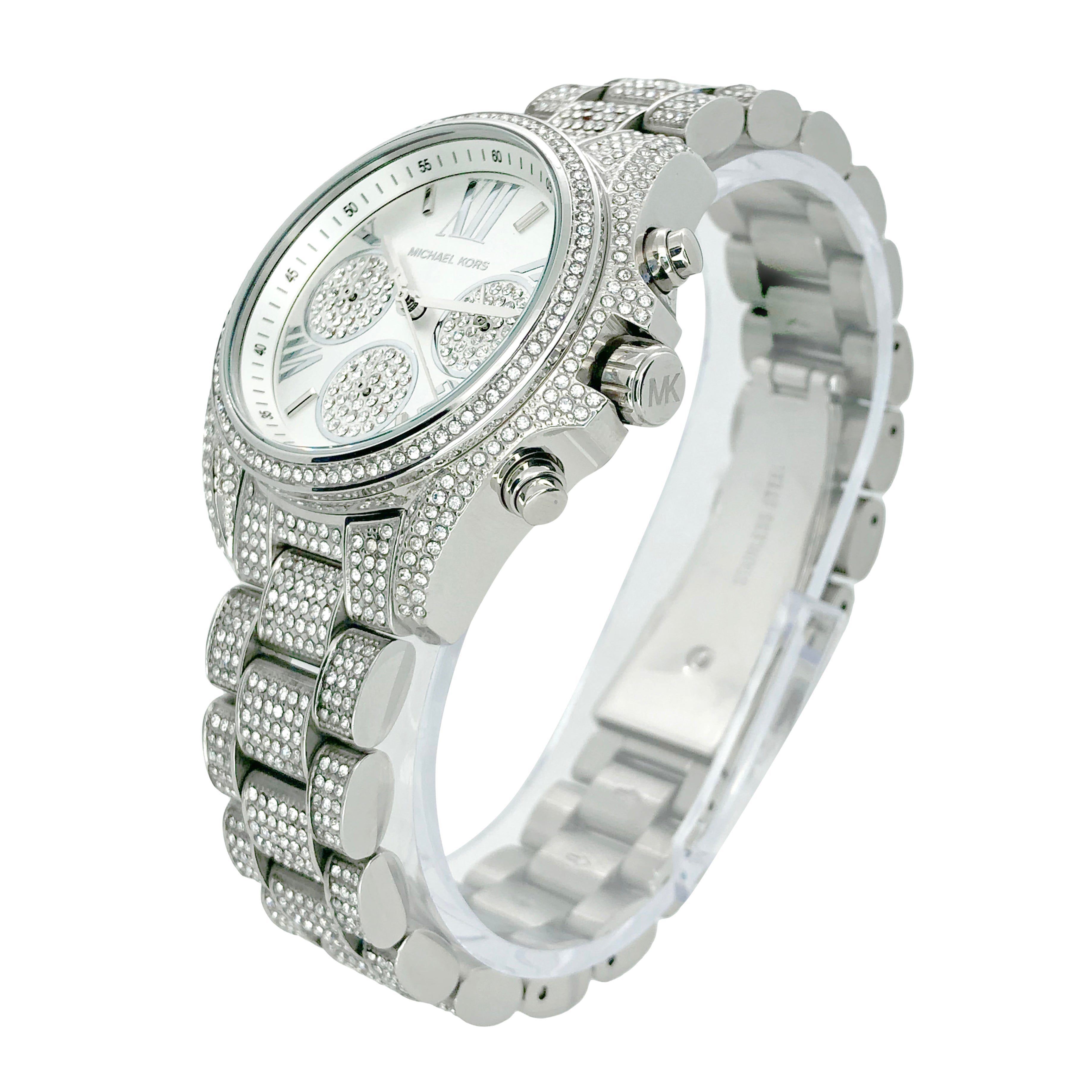 Side angle view of Michael Kors Mini Bradshaw silver watch showing crystal-set bracelet