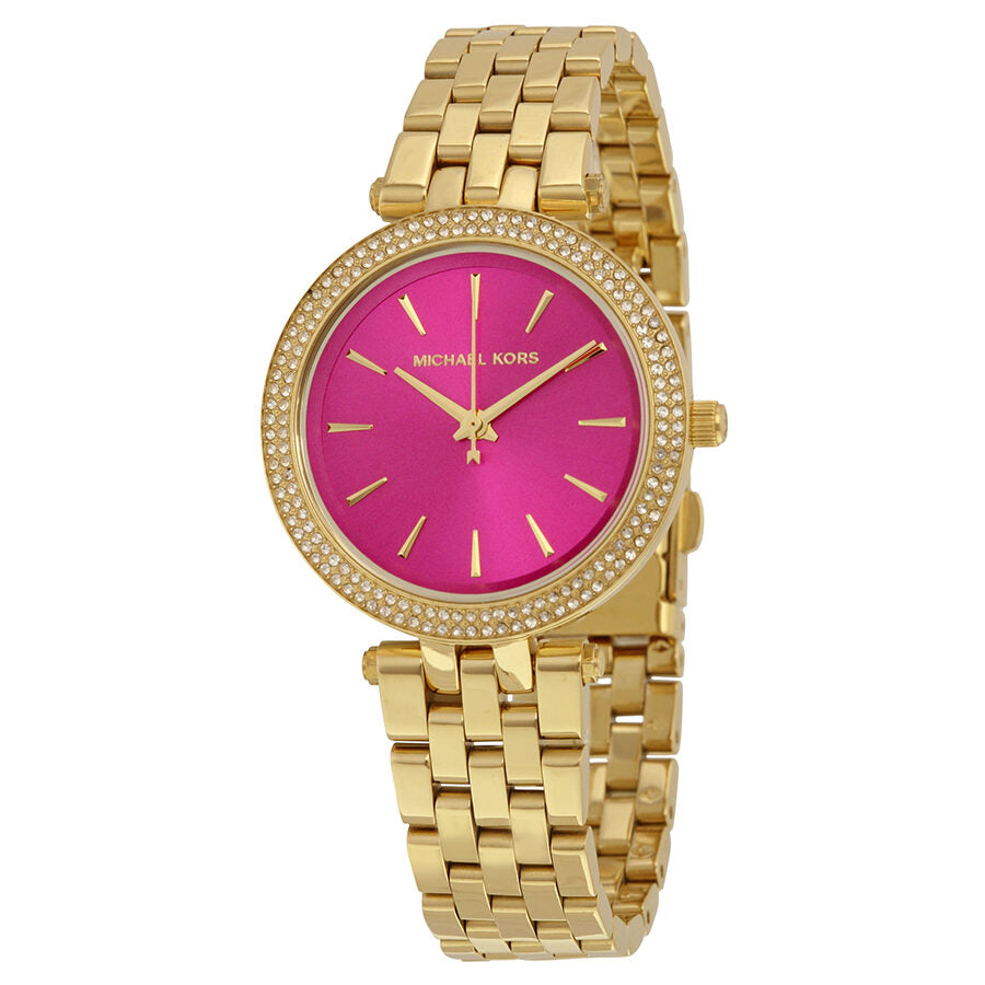 Michael Kors Mini Darci fuchsia dial watch with gold-tone bracelet and crystal bezel