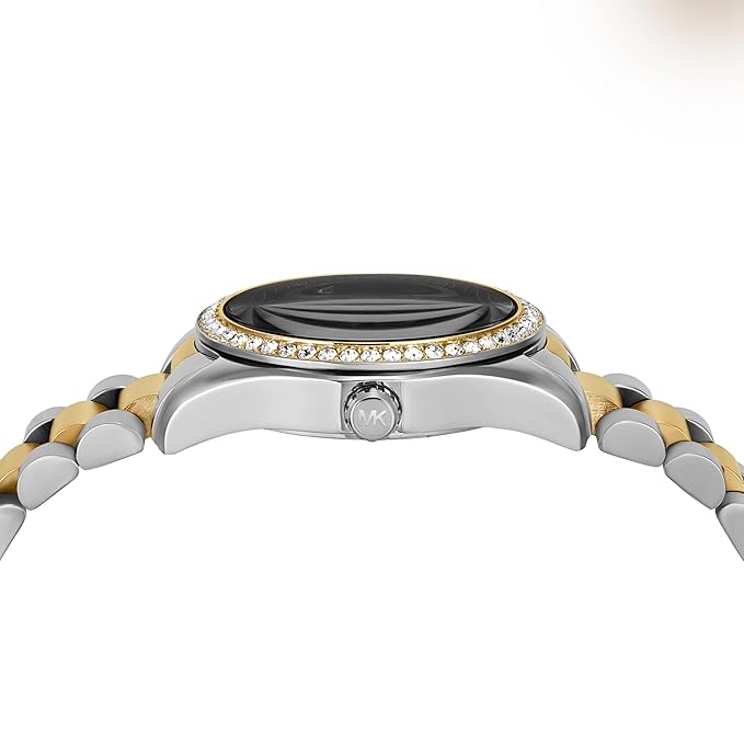 Side view of Michael Kors Mini Darci watch case with crystal-set bezel and two-tone links