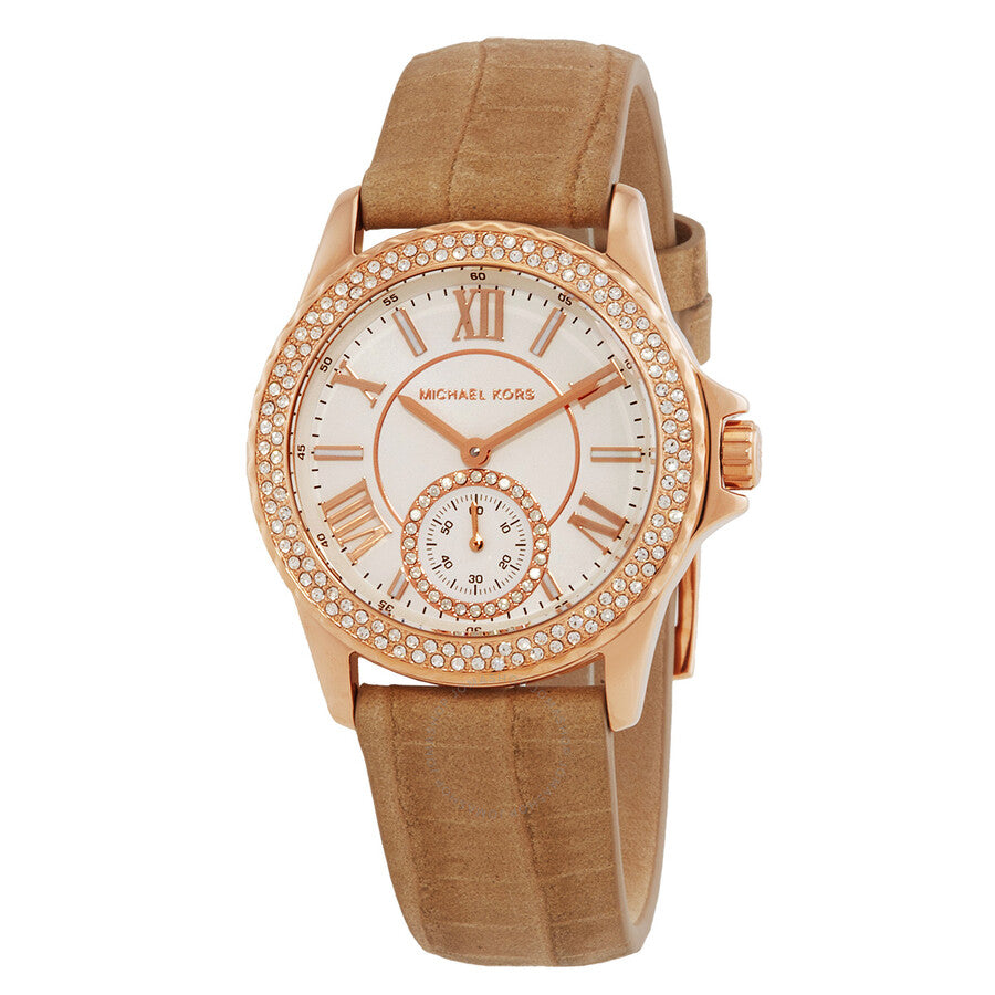 Michael Kors Mini Everest rose gold ladies watch with crystal-set bezel, white dial, Roman numerals, and tan leather strap