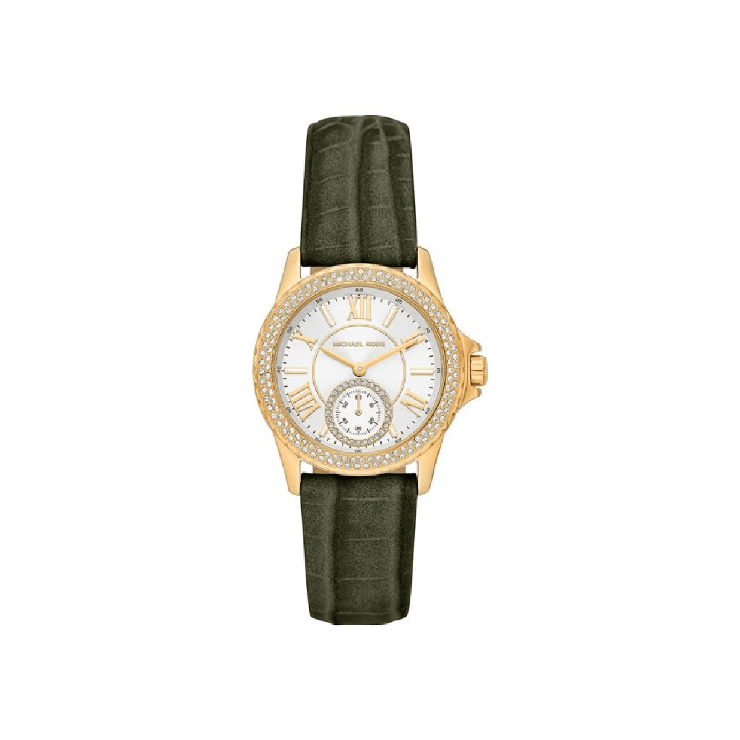 Michael Kors Mini Everest gold-tone watch with white dial, crystal bezel, and green leather strap