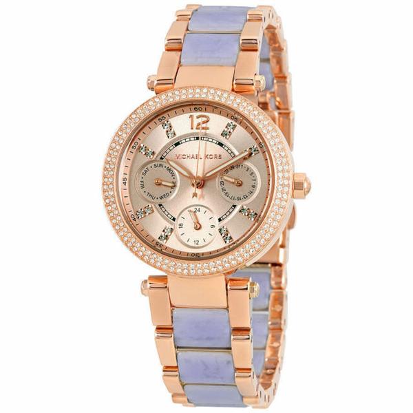 Michael Kors Mini Parker rose gold chronograph watch with lavender bracelet and crystal bezel