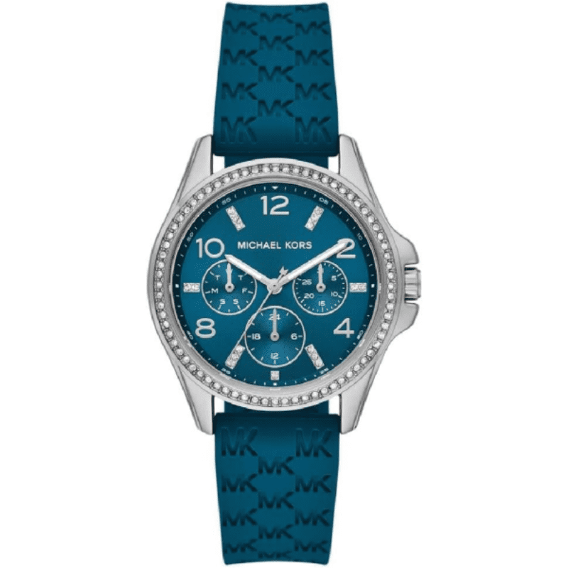 Michael Kors Mini Pilot women's watch with crystal blue dial, chronograph subdials, and crystal bezel