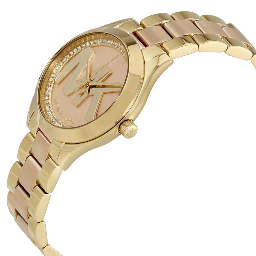 Side angle view of Michael Kors MK3650 watch showing rose dial and mixed metal bracelet