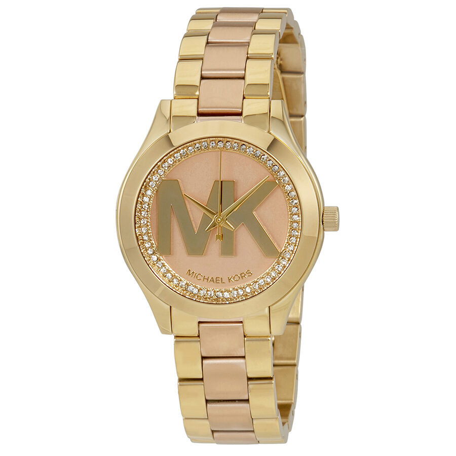 Michael Kors Mini Slim Runway MK3650 ladies watch with rose dial, gold-tone case, and two-tone bracelet