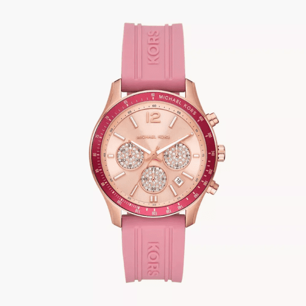 Michael Kors women's rose gold chronograph watch with white dial and pink rubber strap