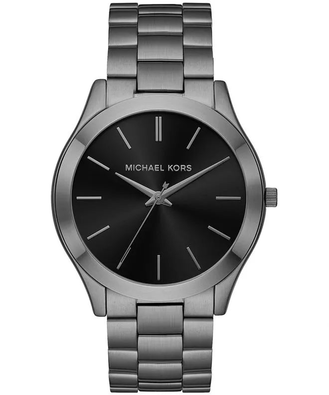 Michael Kors Slim Runway men's quartz watch with black dial and grey steel bracelet