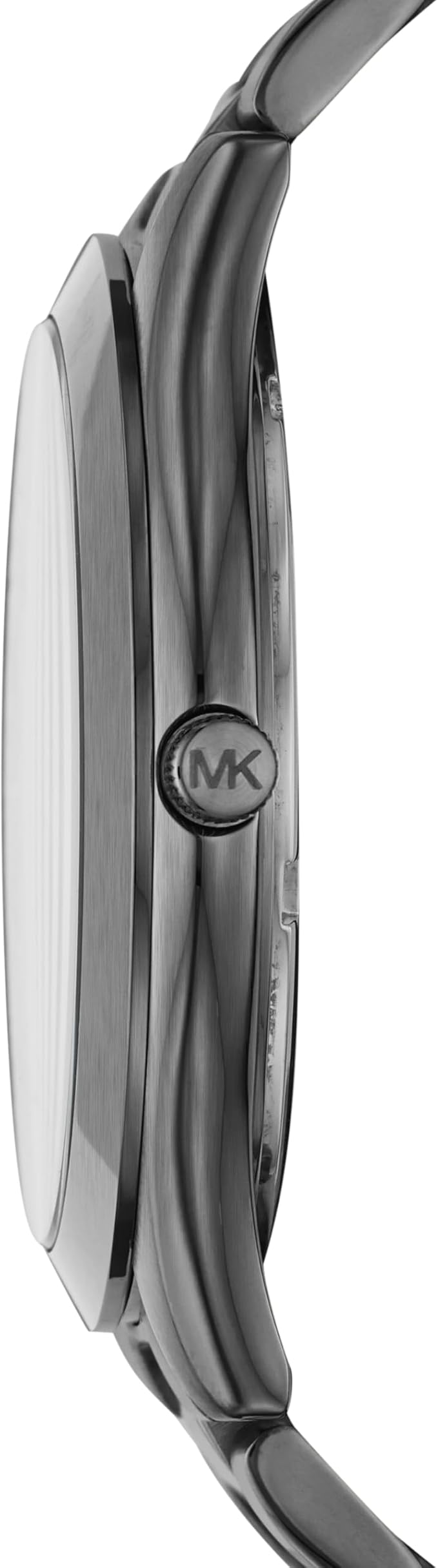 Side view of Michael Kors MK1044 Slim Runway watch showing grey steel case profile